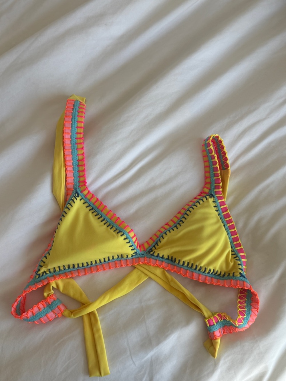 Yellow Crochet Trim Bikini Top with Neon Accents
